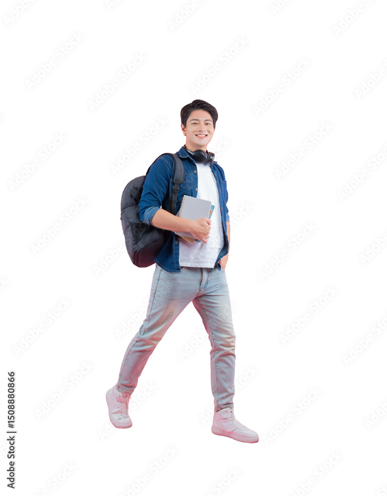Fototapeta premium Full body image of young Asian male student holding book , wear backpack and posing on PNG background