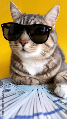 Cool striped cat wearing sunglasses on stack of cash money against a yellow background.