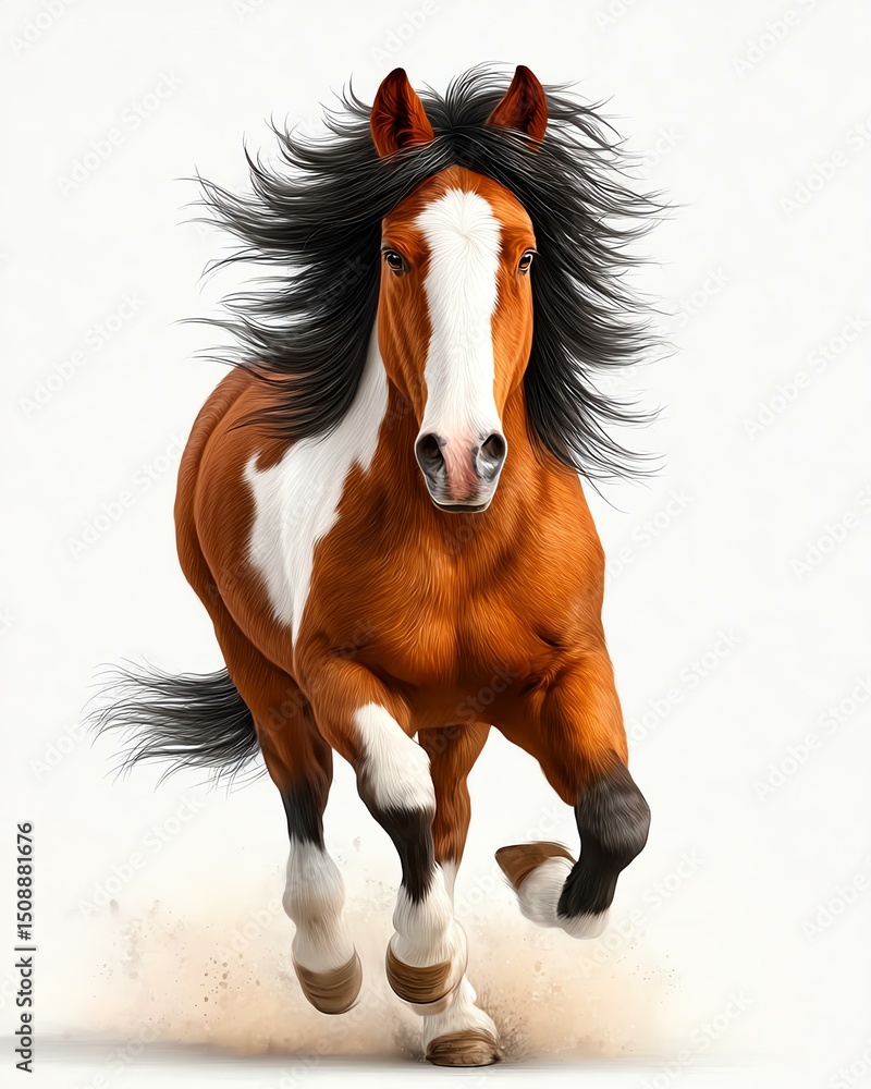 Obraz premium Majestic Horse in Full Gallop: A stunning horse with a vibrant coat of chestnut and white markings gallops freely, capturing the essence of speed and freedom.