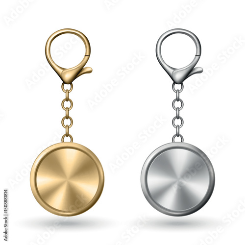 Vector Gold and Silver Keychain Icon Set, Isolated. Realistic Round Keychain Design for Branding. Blank Keychain Mockup for Logo. Luxury Metallic Keychain Template for Custom Accessory Design