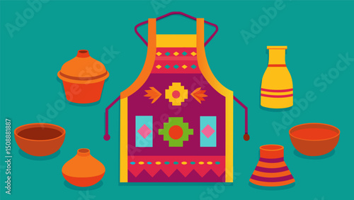 A brightly colored handwoven apron adorned with traditional patterns and symbols is on display next to a set of clay pots that were traditionally used for cooking stews and soups.. Vector illustration
