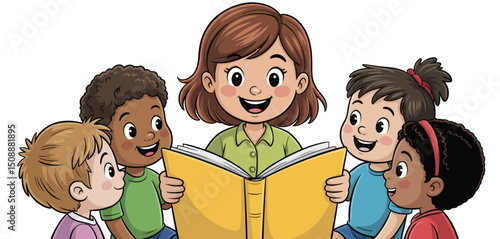 Teacher Reading Storybook to Diverse Group of Children