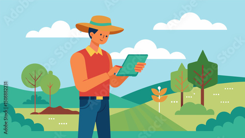A farmer stands in his field studying a data map on his tablet identifying areas with low soil moisture levels and making adjustments to irrigate those sections accordingly.. Vector illustration