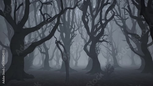 Mysterious Forest: A chilling, immersive illustration of a forest shrouded in an ominous mist, its twisted, bare branches reaching skyward, creating an atmosphere of suspense and intrigue. 