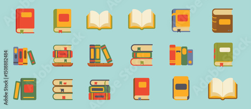 Colorful Flat Lay Illustration of Various Books and Book Stacks