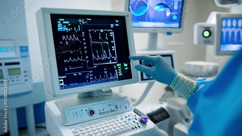 Gloved hand monitors vital signs on screen in hospital surgery room for patient care.