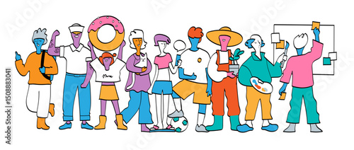 Colorful abstract figures in vibrant outfits standing in a row, holding various objects with playful minimalist design.
