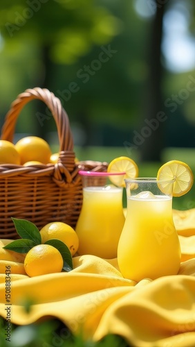 Refreshing summer picnic with fresh lemonade and lemons in a sunny park setting.