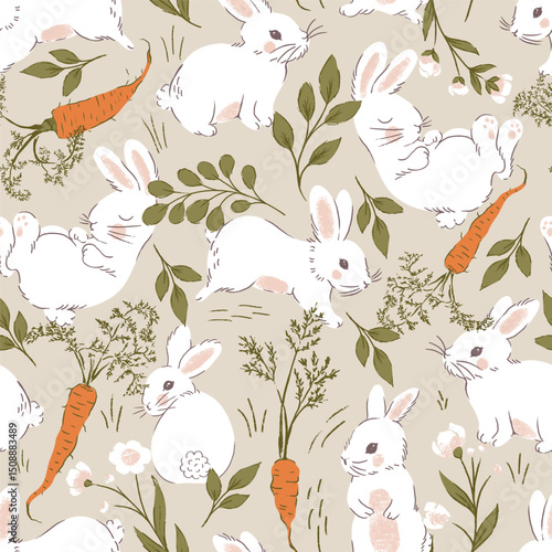 Soft White Rabbits with Carrots Vector Seamless Pattern