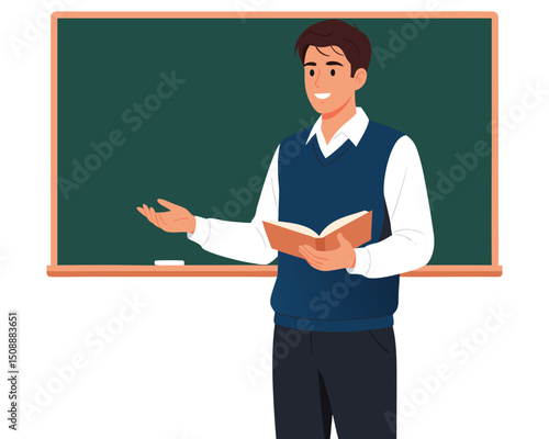 Male Teacher Engaging Students in Classroom with Chalkboard and Book for Effective Learning