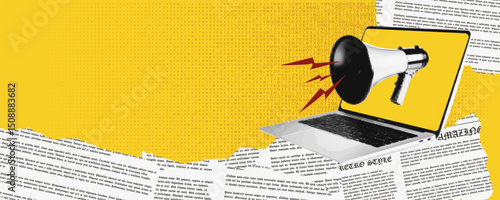 Concept collage halftone of digital propaganda and online misinformation. Megaphone emerging from laptop with torn newspaper clippings and binary. Vector background.
