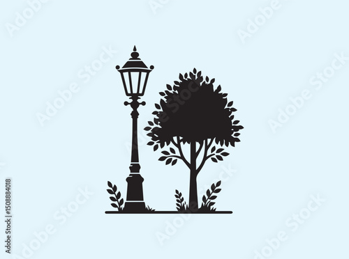 Tall Street Light with Decorative Design and Tree