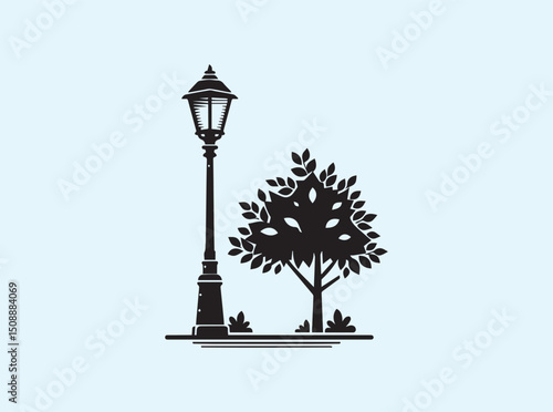 Leafy Tree Beside a Standing Street Lamp