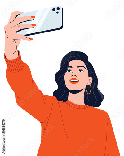 Young Woman Taking Selfie in Bright Orange Sweater Capturing Lifestyle Moments for Social Media