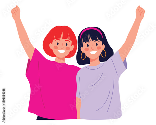 Joyful Young Women Celebrating Friendship and Teamwork with Enthusiastic Gestures