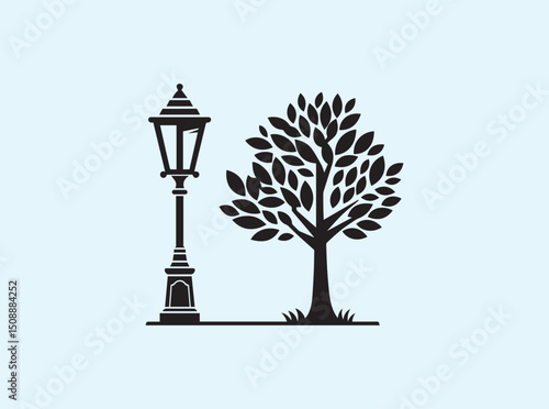 Classic Iron Street Light Post Next to Tree