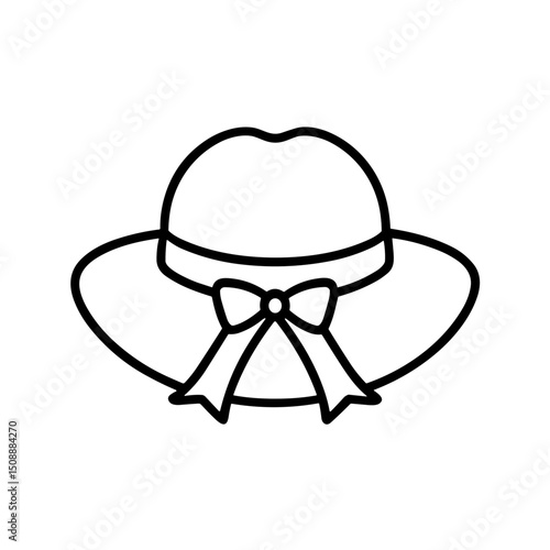 Straw hat with ribbon in minimalist outline style for summer wardrobe  