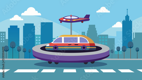 A compact hovercraft built with magnetic levitation technology allowing it to glide effortlessly over traffic and obstacles in a busy city setting.. Vector illustration