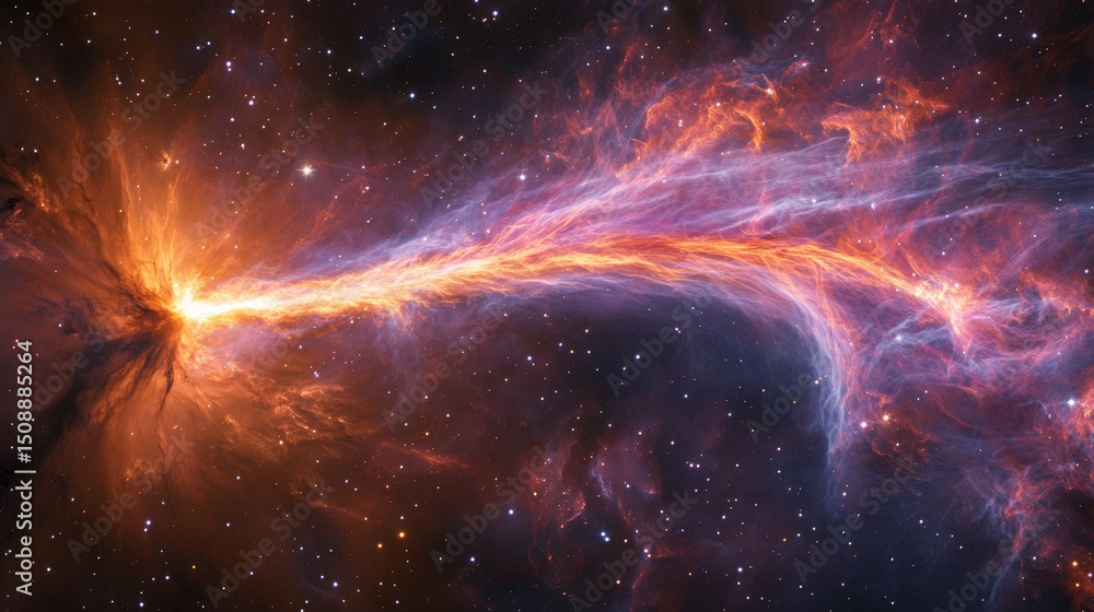 Fototapeta premium Vibrant Supernova Remnant in Space. A vibrant image of a supernova remnant showcasing cosmic dust and gas illuminated by intense radiation in deep space, filled with stars.