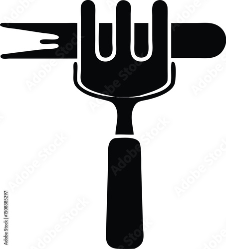 Black monochrome fork holds a sausage or hotdog isolated on a transparent background