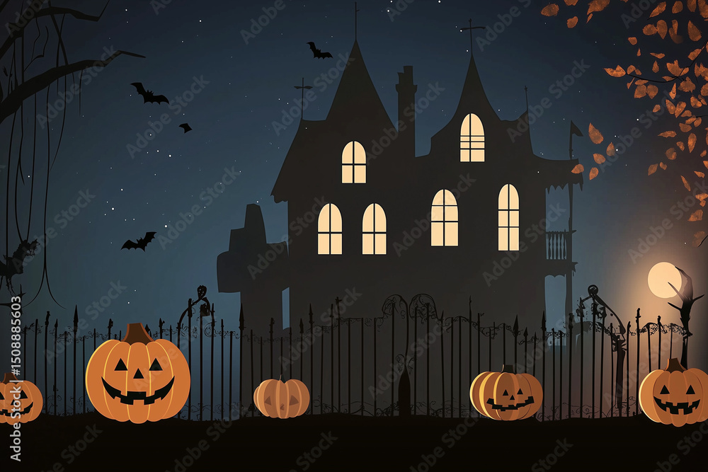 Fototapeta premium A haunted house with jack-o-lanterns in a spooky forest