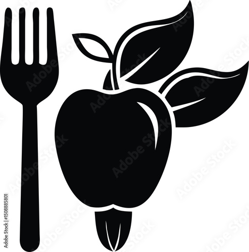 An apple with leaves appears beside a black fork on a transparent backdrop