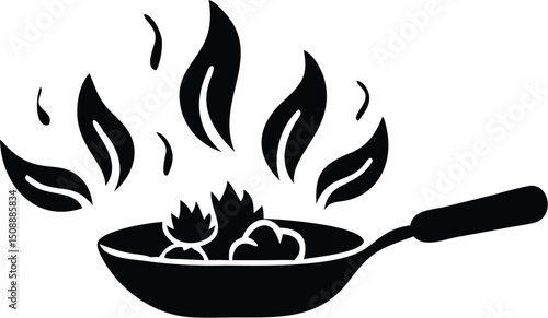 Black pan with flames cooks food, presenting a sizzling and flavorful culinary experience, on transparent background