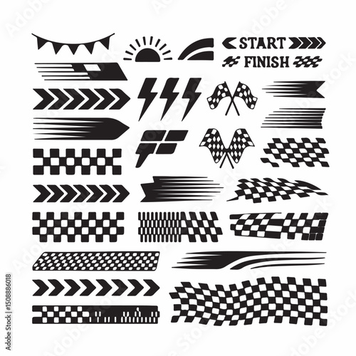 racing stripe vector set, racing flags, checkered patterns, speed lines, arrows, and start finish banners illustration, race element for motorsport designs, race graphics, vector art, and automotive