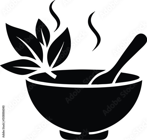 Steaming bowl displays herbal leaves and spoon, set against a transparent background