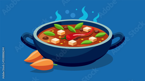 A bold and flavorful broth made with a blend of herbs and es is the star of this posole with tender chunks of pork and hominy adding a satisfying heartiness.. Vector illustration