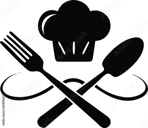 Black cook hat centers the crossed fork and spoon, set against a transparent background