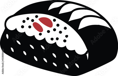 Black maki sushi with spots and red toppings sits against a transparent backdrop