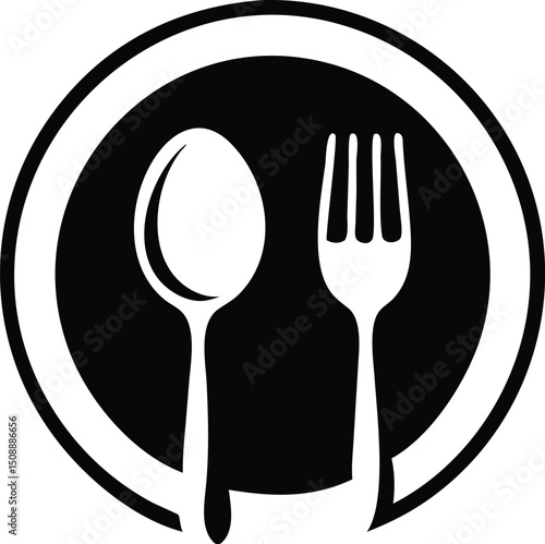 Simplified black and white logo showcases a spoon and fork within a circle