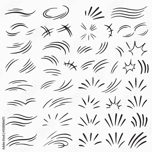 line movement element vector set, comic speed lines, motion lines, dynamic effect, manga action elements, swoosh, burst, swirl, impact stroke, motion streaks, anime style, expressive sketch curve ink