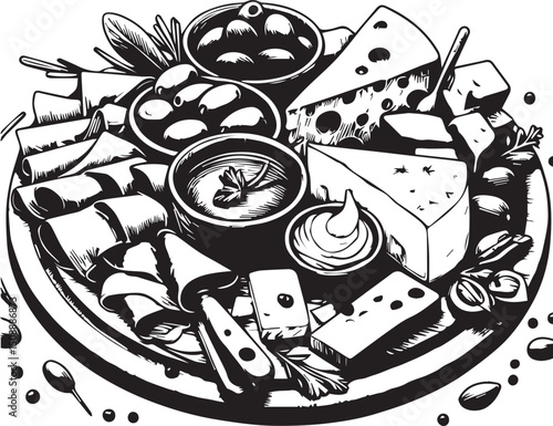 hand drawn vector illustration of charcuterie board with cheese, appetizer, ham, olives, restaurant, tapas, spanish food