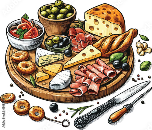  vector illustration of charcuterie board with cheese, appetizer, ham, olives, restaurant, tapas, spanish food