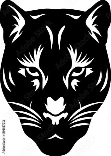 A stylized black and white illustration of a panther’s head in a bold line-art style. The face is symmetrical and highly detailed, with sharp contrasts and graphic stripes. The background is a deep bl