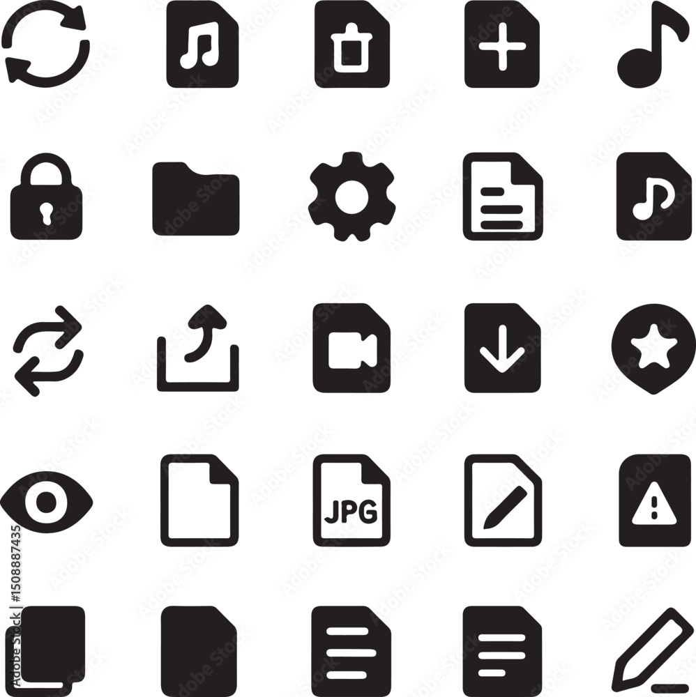 Document and File Management Icons Set – Minimal Black UI Symbols for Digital Organization Document and File Management Icons Set – Minimal Black UI Symbols for Digital Organization