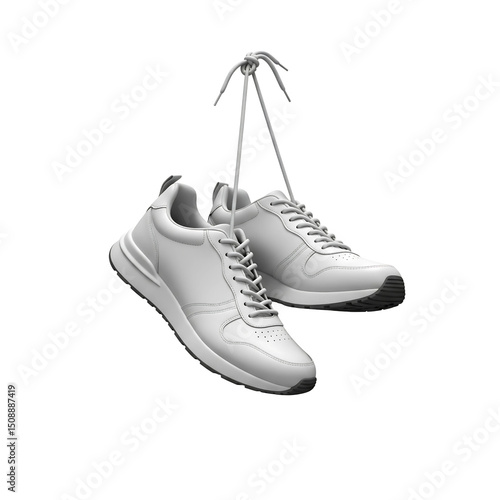 White sneakers hanging by laces isolated on transparent background