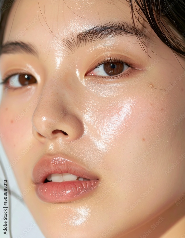 Fototapeta premium 日本人, 超リアル, 美しい, 若い女性, 顔, クローズアップ, 欠点のない肌, 輝く肌質, ナチュラルメイク, 柔らかなライティング, 美容CM風, シネマティック, カメラ目線, 高解像度,Japanese, ultra-realistic, beautiful, young woman, face, close-up, flawless skin, glowing complexion