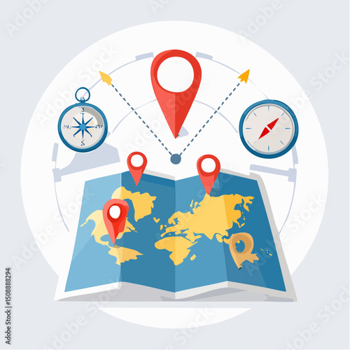 Stylized World Map Vector with Travel and Tourism Icons in Flat Style