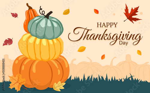 Happy Thanksgiving Day horizontal banner. Trendy Thanksgiving Day banner with pumpkins and fall foliage - horizontal background perfect for social media, greeting cards, promotion and advertising.