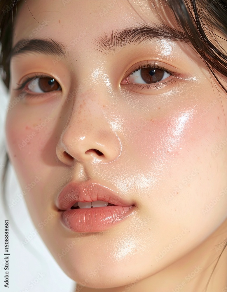 Fototapeta premium 日本人, 超リアル, 美しい, 若い女性, 顔, クローズアップ, 欠点のない肌, 輝く肌質, ナチュラルメイク, 柔らかなライティング, 美容CM風, シネマティック, カメラ目線, 高解像度,Japanese, ultra-realistic, beautiful, young woman, face, close-up, flawless skin, glowing complexion