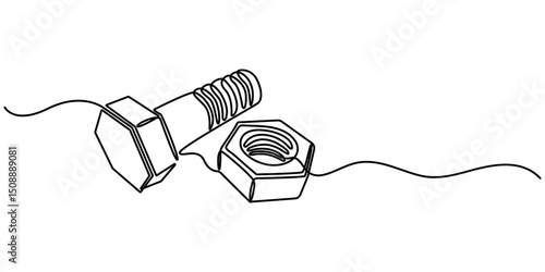 Stainless Steel Nut Bolt continuous one line drawing, Screw, bolt and nut, dowel, pin, pintle one line art. Continuous line drawing of repair, professional, hand, people, concept, support. 