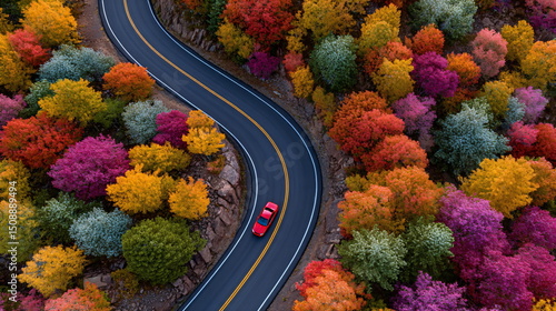 Fototapeta Naklejka Na Ścianę i Meble -  Arial view of a red car driving on a winding road with colorful autumn trees. Vibrant fall foliage on a mountain road for travel.