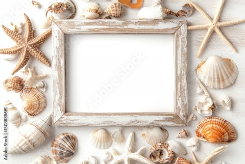 Unique coastal decor created with assorted shells and corals on a sandy background inviting ocean vibes