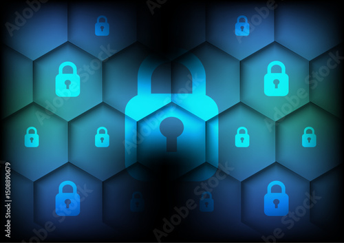 Abstract background, lock technology, privacy security. Padlock with hexagon blue cyberspace futuristic design vector. Concept of network security, firewall, encryption, safeguard online innovation.