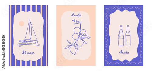 Italian summer vacation posters set in minimal ink hand drawn style. Vector Mediterranean coast sea vibe or beach printable placards. Sea weekend or rest drawings for cafe or restaurant decor
