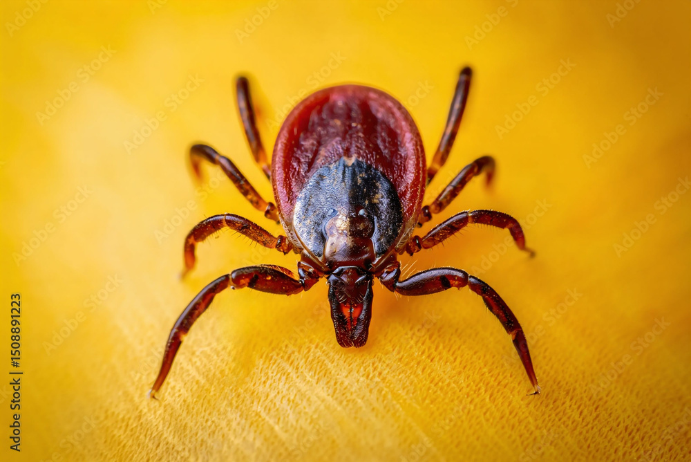 A red tick on a yellow background. A red tick on a yellow background.