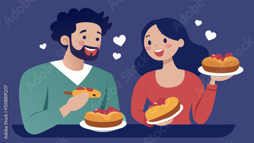 A couple on a romantic date night share a plate of completo hot dogs smiling and playfully feeding each other bites as they discover newfound love for Chilean cuisine.. Vector illustration